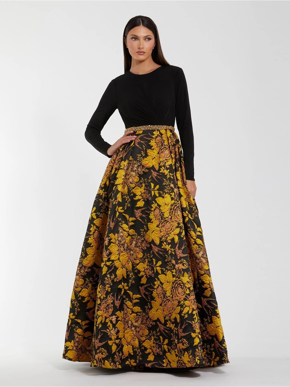 Mac Duggal 69000 Black Long Sleeve Floral Brocade Ball Gown Size 10